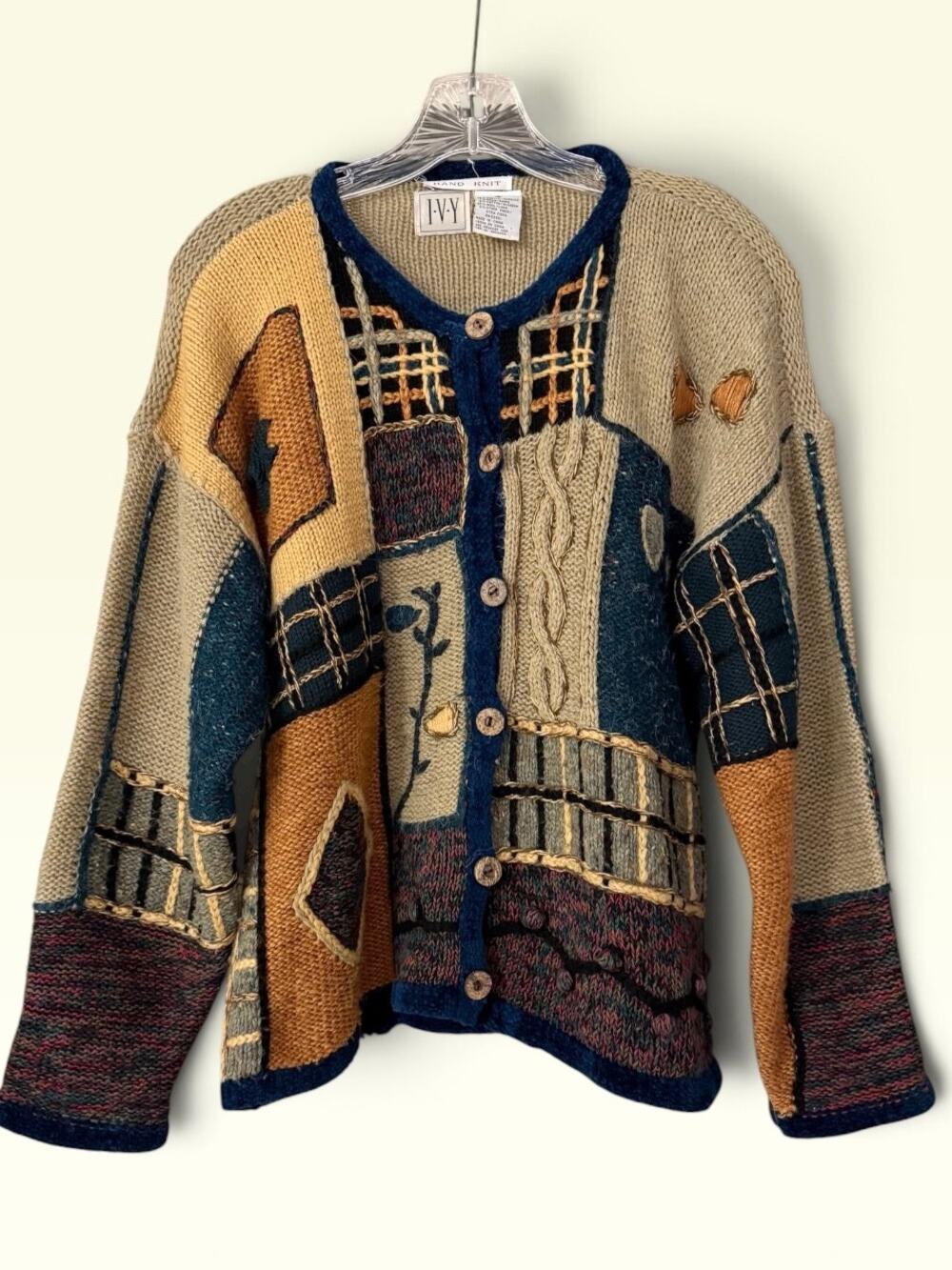 Vintage I-V-Y Patchwork Hand Knit Cardigan Sweater Small Grandmacore Cottagecore